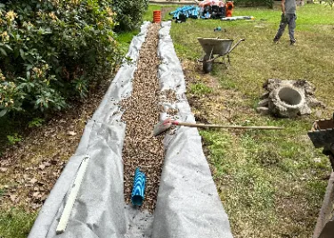 Verlegung einer Gartendrainage in Hamburg-Wandsbek zur effektiven Entwässerung des Grundstücks und Vermeidung von Staunässe.